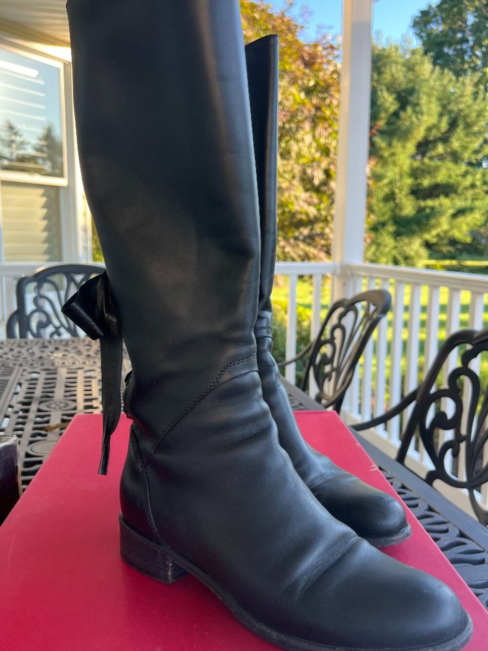 Valentino Garavani Black Leather Knee High Ribbon Lace-Up Boots 39 / US 9